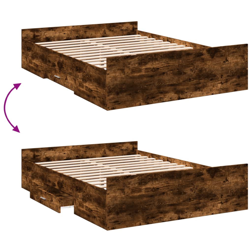 Bedframe met lades bewerkt hout gerookt eikenkleurig 140x190 cm is nu te koop bij PeponiXL, paradijselijk wonen!