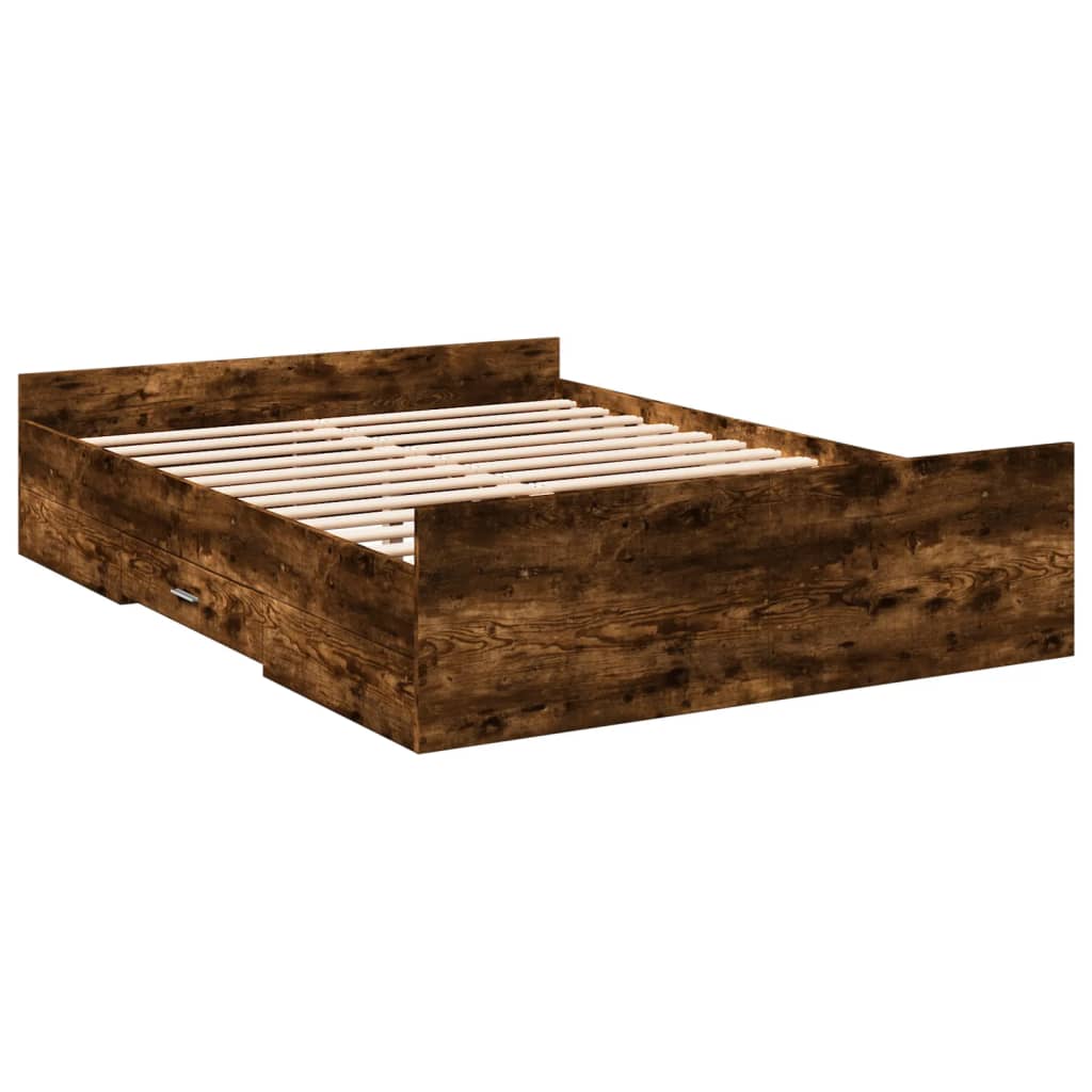 Bedframe met lades bewerkt hout gerookt eikenkleurig 135x190 cm is nu te koop bij PeponiXL, paradijselijk wonen!