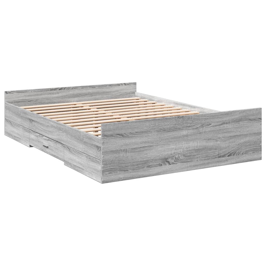 Bedframe met lades bewerkt hout grijs sonoma eiken 135x190 cm is nu te koop bij PeponiXL, paradijselijk wonen!