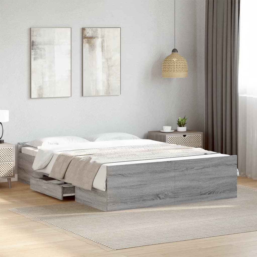 Bedframe met lades bewerkt hout grijs sonoma eiken 135x190 cm is nu te koop bij PeponiXL, paradijselijk wonen!