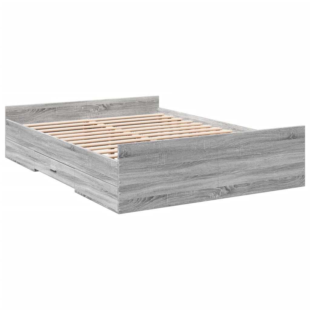 Bedframe met lades bewerkt hout grijs sonoma eiken 135x190 cm is nu te koop bij PeponiXL, paradijselijk wonen!