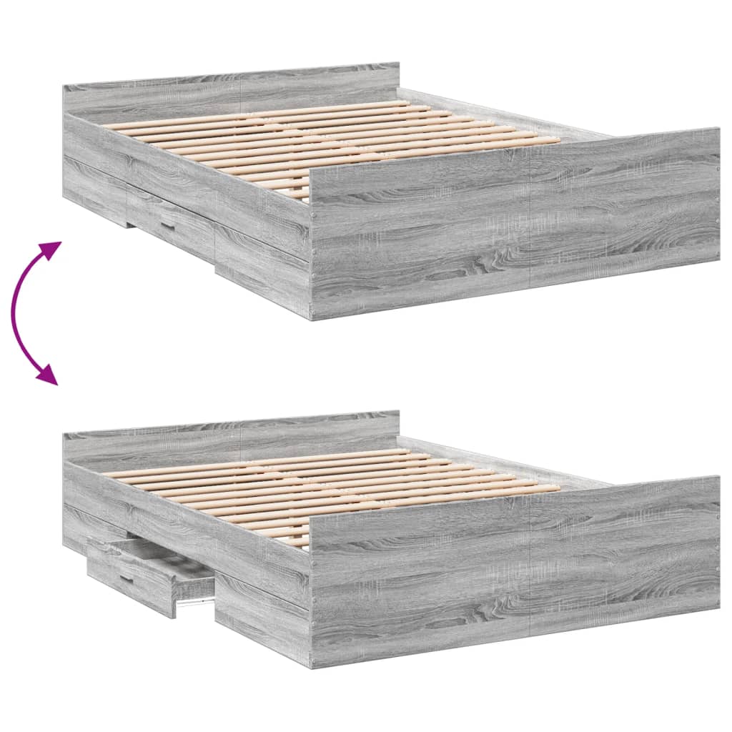 Bedframe met lades bewerkt hout grijs sonoma eiken 135x190 cm is nu te koop bij PeponiXL, paradijselijk wonen!