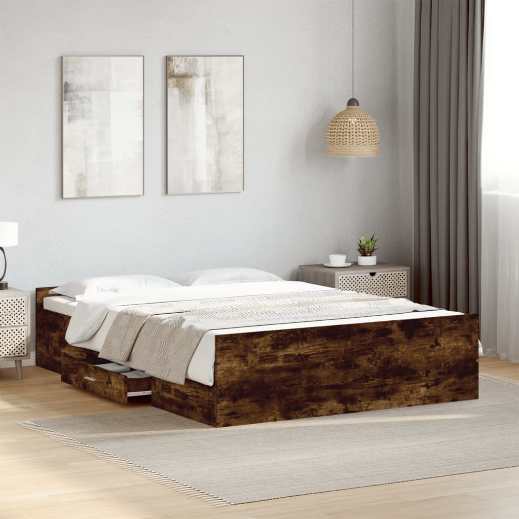 Bedframe met lades bewerkt hout gerookt eikenkleurig 120x190 cm is nu te koop bij PeponiXL, paradijselijk wonen!