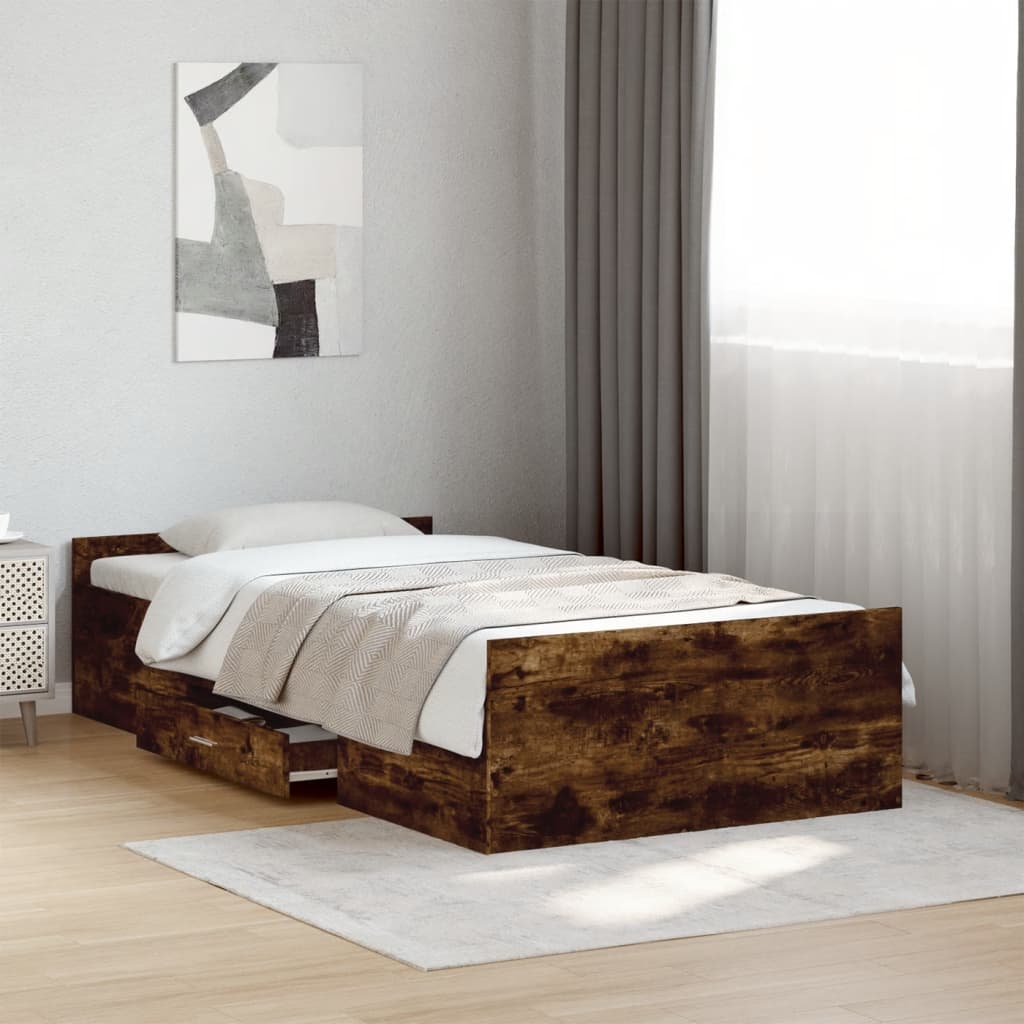 Bedframe met lades bewerkt hout gerookt eikenkleurig 100x200 cm is nu te koop bij PeponiXL, paradijselijk wonen!
