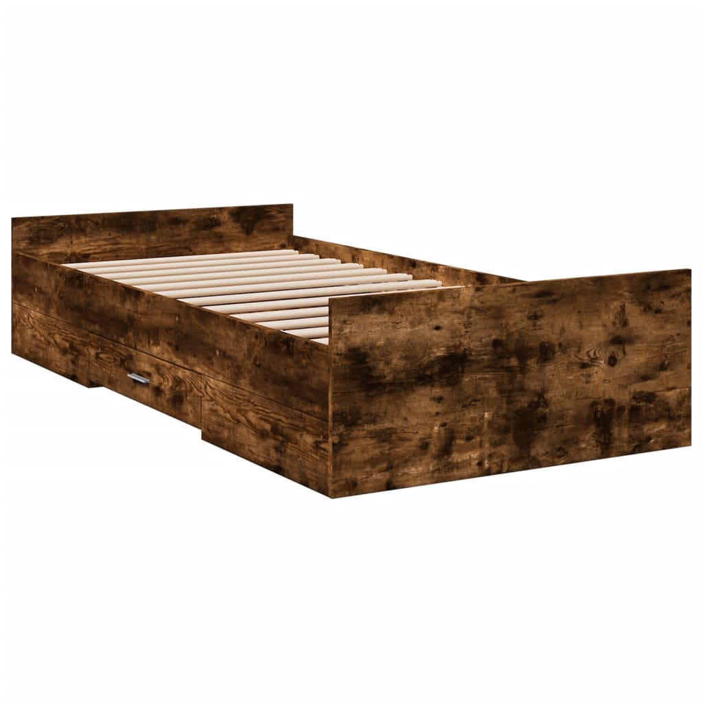 Bedframe met lades bewerkt hout gerookt eikenkleurig 100x200 cm is nu te koop bij PeponiXL, paradijselijk wonen!