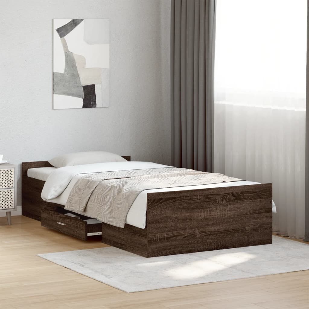 Bedframe met lades bewerkt hout bruin eikenkleur 100x200 cm is nu te koop bij PeponiXL, paradijselijk wonen!