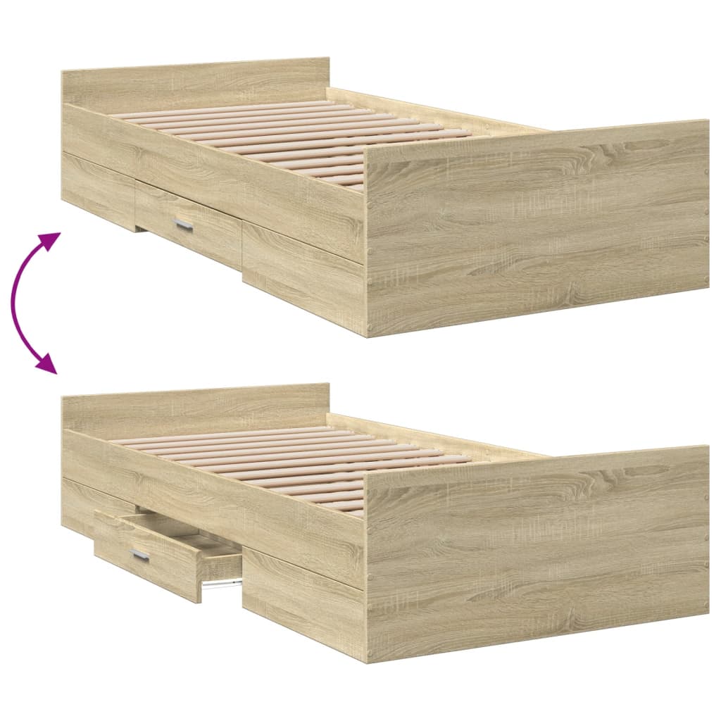 Bedframe met lades bewerkt hout sonoma eikenkleurig 90x200 cm is nu te koop bij PeponiXL, paradijselijk wonen!