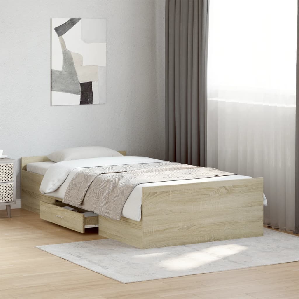 Bedframe met lades bewerkt hout sonoma eikenkleurig 90x200 cm is nu te koop bij PeponiXL, paradijselijk wonen!