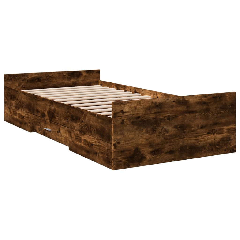 Bedframe met lades bewerkt hout gerookt eikenkleurig 90x200 cm is nu te koop bij PeponiXL, paradijselijk wonen!