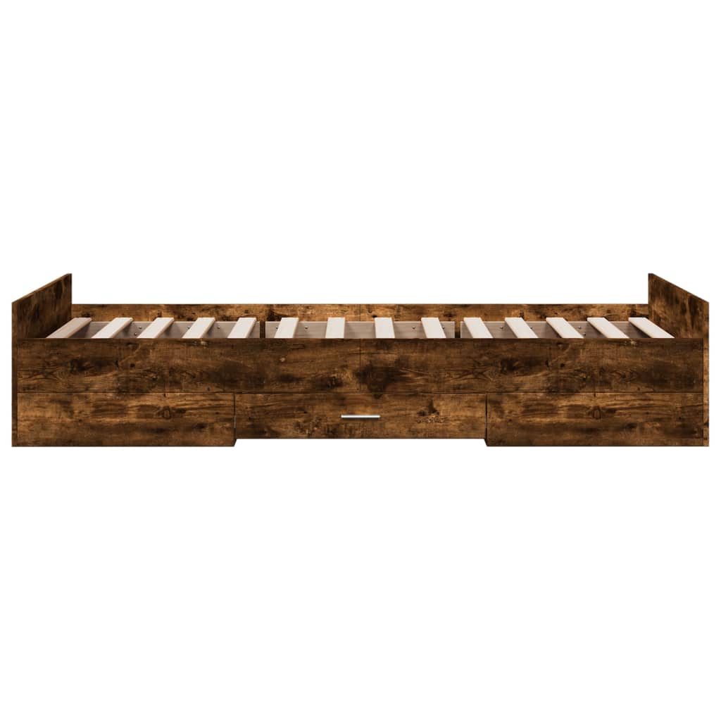 Bedframe met lades bewerkt hout gerookt eikenkleurig 90x200 cm is nu te koop bij PeponiXL, paradijselijk wonen!
