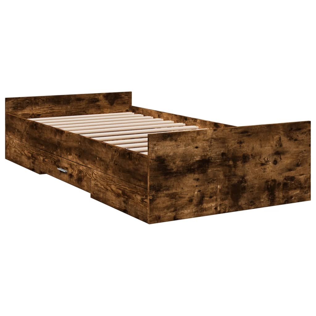 Bedframe met lades bewerkt hout gerookt eikenkleurig 90x200 cm is nu te koop bij PeponiXL, paradijselijk wonen!