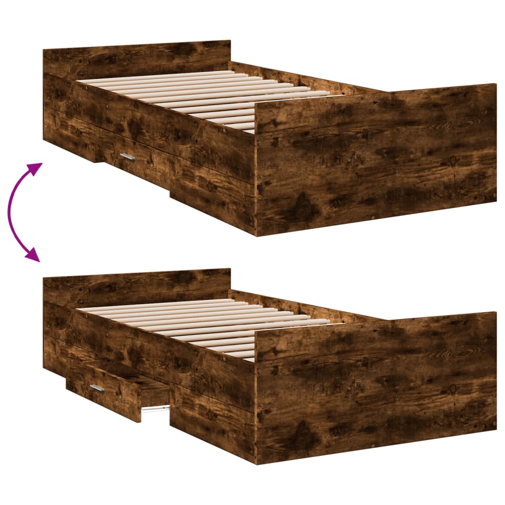 Bedframe met lades bewerkt hout gerookt eikenkleurig 90x200 cm is nu te koop bij PeponiXL, paradijselijk wonen!