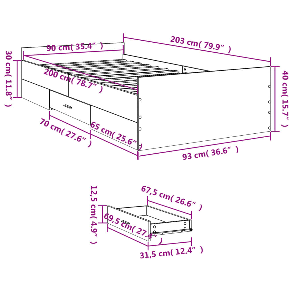 Bedframe met lades bewerkt hout gerookt eikenkleurig 90x200 cm is nu te koop bij PeponiXL, paradijselijk wonen!