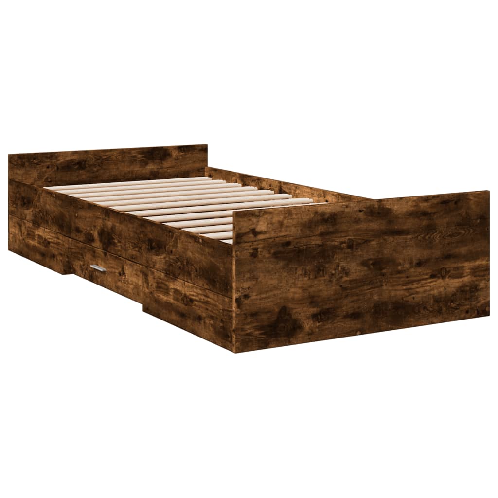 Bedframe met lades bewerkt hout gerookt eikenkleurig 90x190 cm is nu te koop bij PeponiXL, paradijselijk wonen!