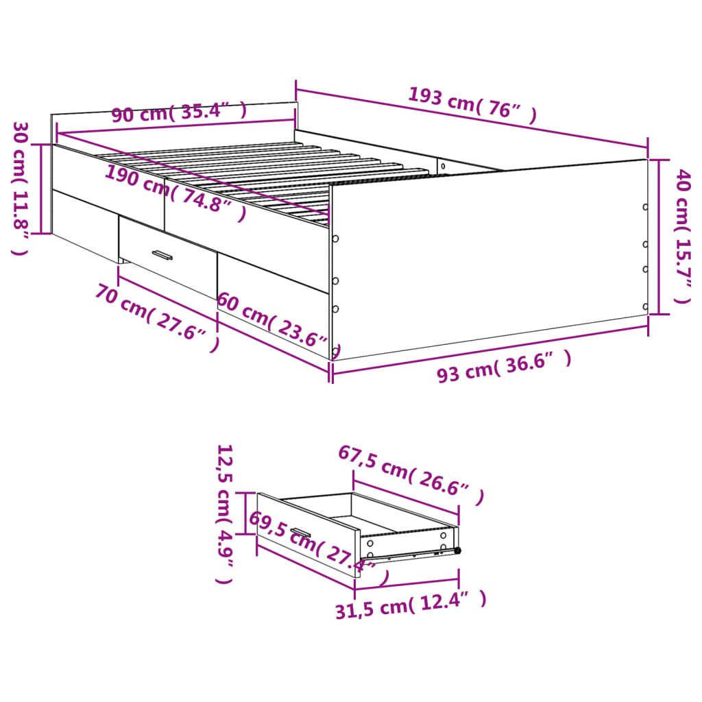 Bedframe met lades bewerkt hout gerookt eikenkleurig 90x190 cm is nu te koop bij PeponiXL, paradijselijk wonen!