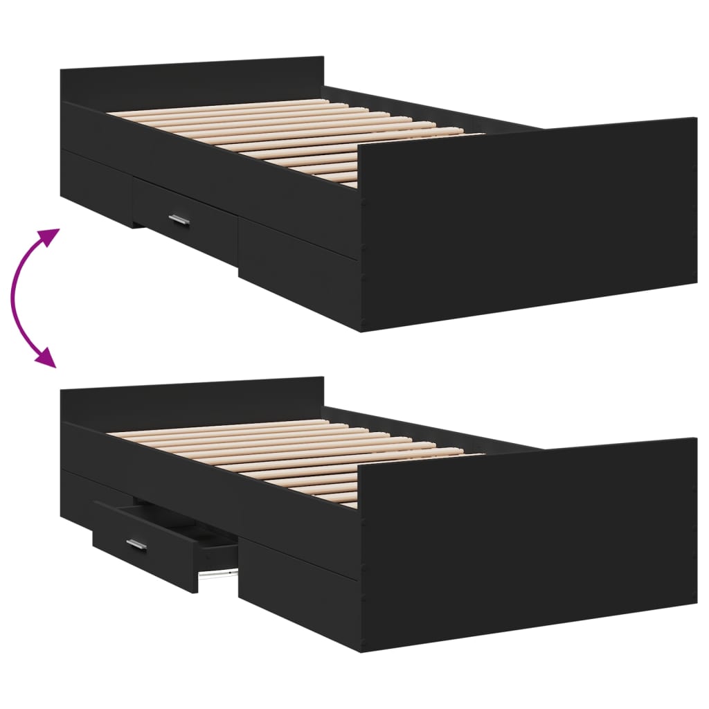 Bedframe met lades bewerkt hout zwart 75x190 cm is nu te koop bij PeponiXL, paradijselijk wonen!