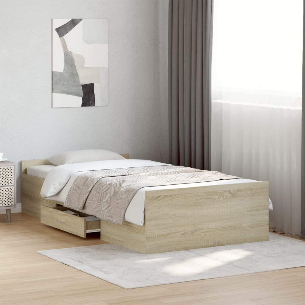 Bedframe met lades bewerkt hout sonoma eikenkleurig 75x190 cm is nu te koop bij PeponiXL, paradijselijk wonen!