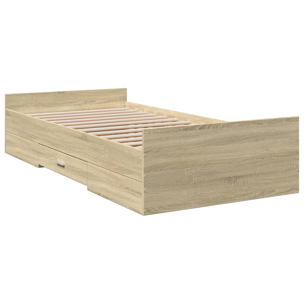 Bedframe met lades bewerkt hout sonoma eikenkleurig 75x190 cm is nu te koop bij PeponiXL, paradijselijk wonen!