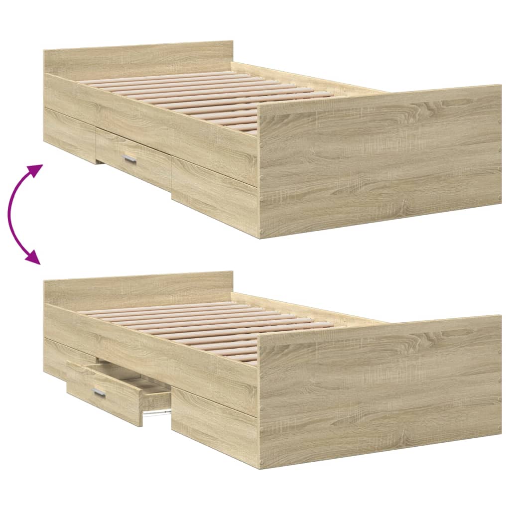 Bedframe met lades bewerkt hout sonoma eikenkleurig 75x190 cm is nu te koop bij PeponiXL, paradijselijk wonen!