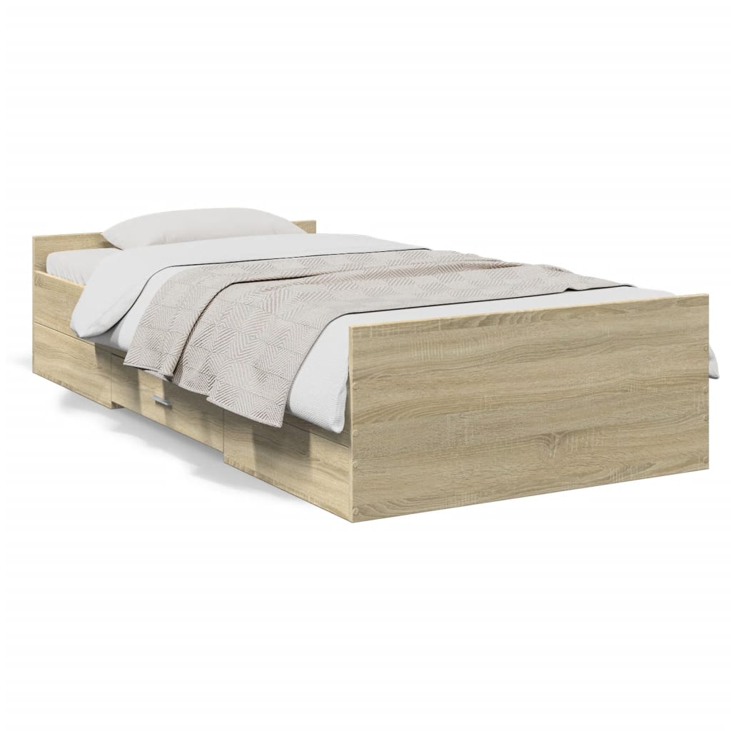 Bedframe met lades bewerkt hout sonoma eikenkleurig 75x190 cm is nu te koop bij PeponiXL, paradijselijk wonen!