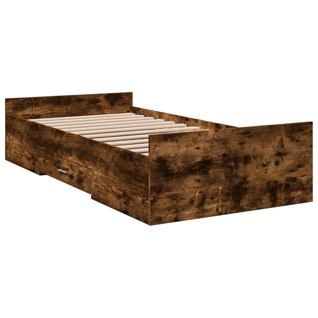 Bedframe met lades bewerkt hout gerookt eikenkleurig 75x190 cm is nu te koop bij PeponiXL, paradijselijk wonen!