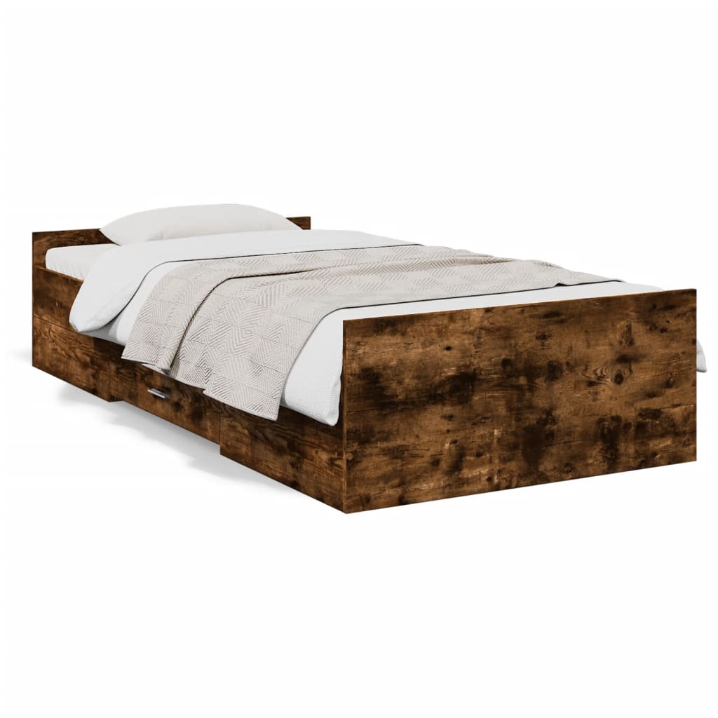 Bedframe met lades bewerkt hout gerookt eikenkleurig 75x190 cm is nu te koop bij PeponiXL, paradijselijk wonen!