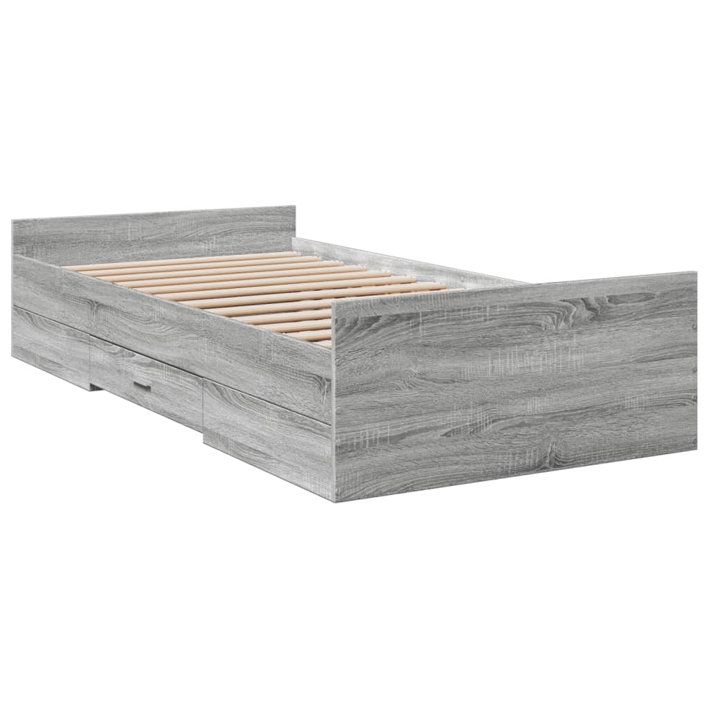 Bedframe met lades bewerkt hout grijs sonoma eiken 75x190 cm is nu te koop bij PeponiXL, paradijselijk wonen!