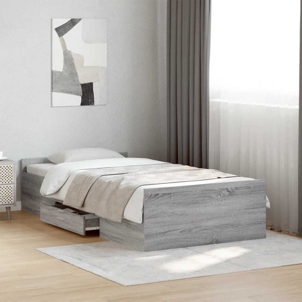 Bedframe met lades bewerkt hout grijs sonoma eiken 75x190 cm is nu te koop bij PeponiXL, paradijselijk wonen!