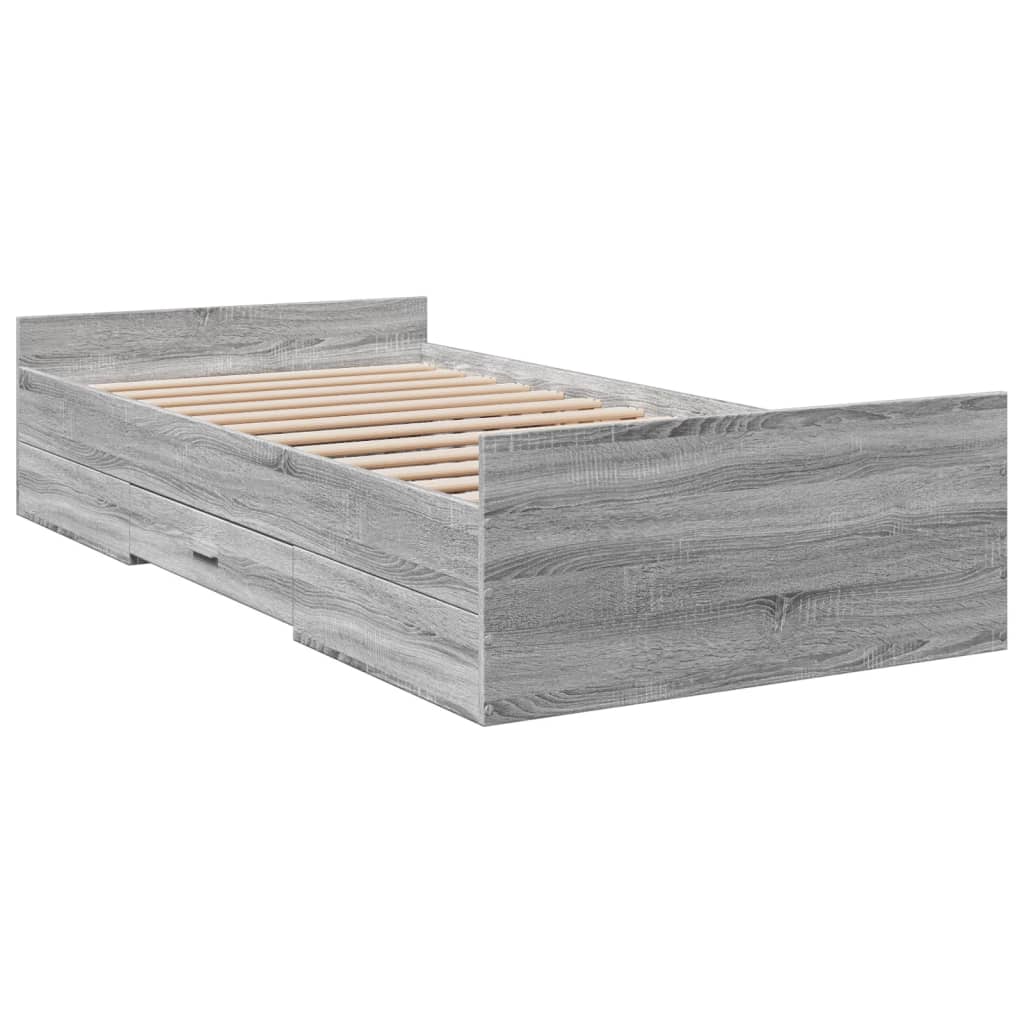 Bedframe met lades bewerkt hout grijs sonoma eiken 75x190 cm is nu te koop bij PeponiXL, paradijselijk wonen!