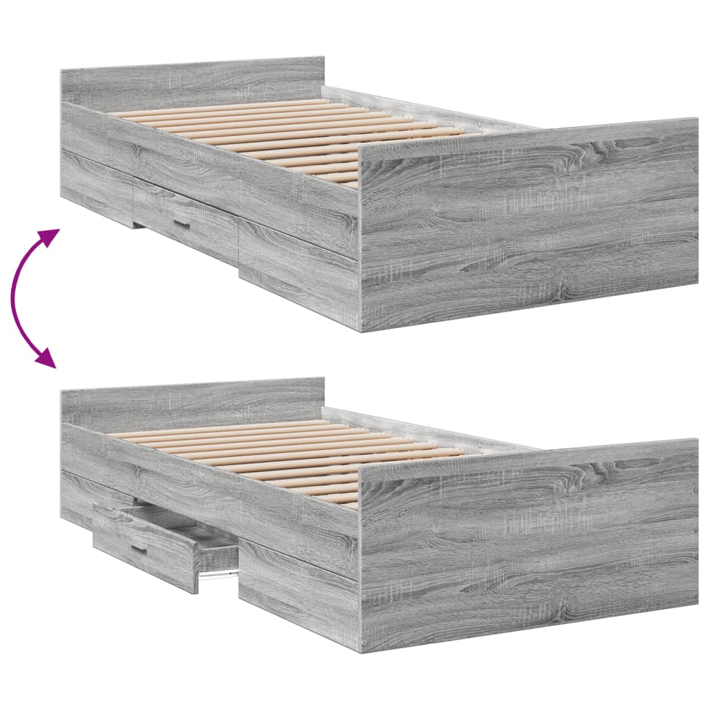 Bedframe met lades bewerkt hout grijs sonoma eiken 75x190 cm is nu te koop bij PeponiXL, paradijselijk wonen!