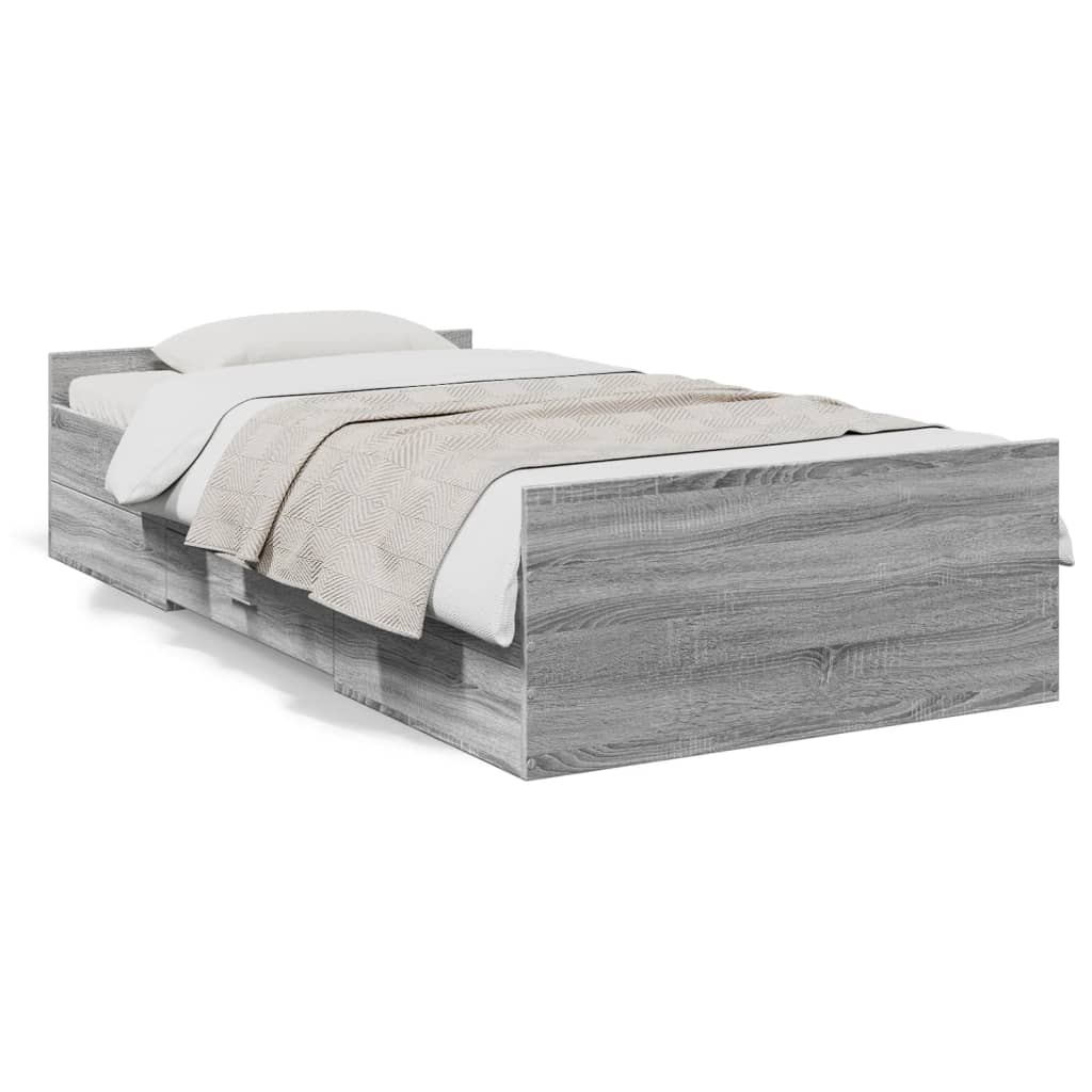 Bedframe met lades bewerkt hout grijs sonoma eiken 75x190 cm is nu te koop bij PeponiXL, paradijselijk wonen!