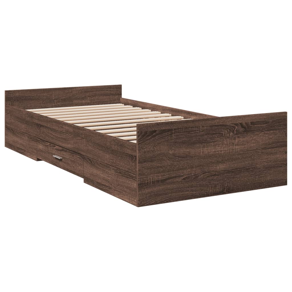 Bedframe met lades bewerkt hout bruin eikenkleur 75x190 cm is nu te koop bij PeponiXL, paradijselijk wonen!