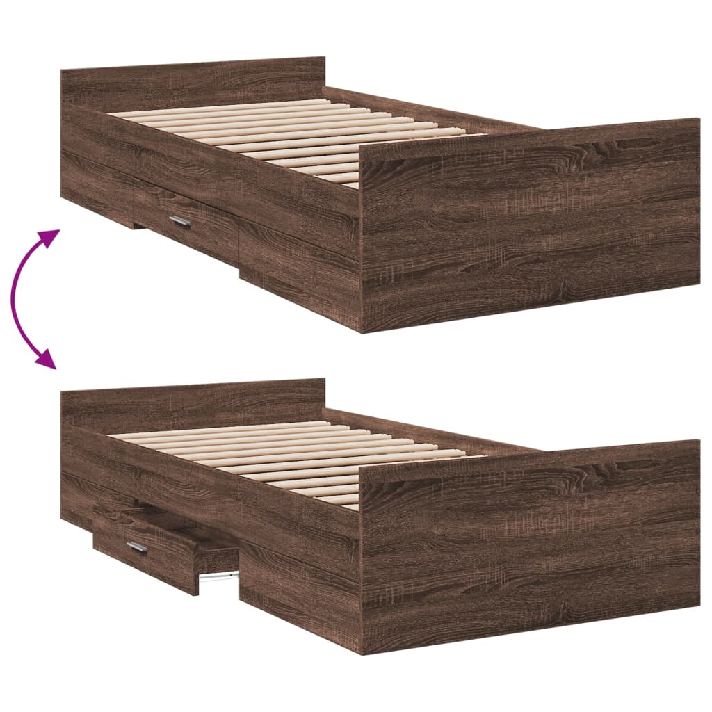Bedframe met lades bewerkt hout bruin eikenkleur 75x190 cm is nu te koop bij PeponiXL, paradijselijk wonen!
