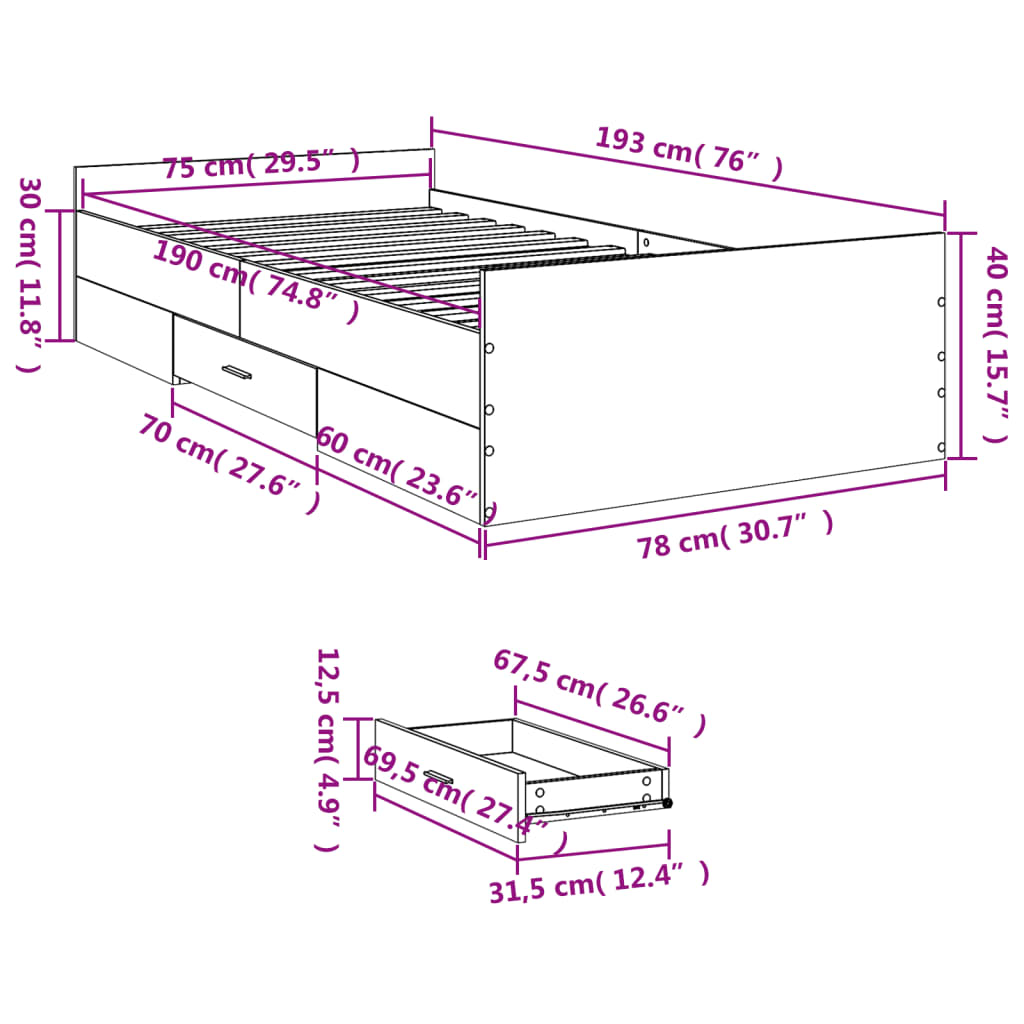 Bedframe met lades bewerkt hout bruin eikenkleur 75x190 cm is nu te koop bij PeponiXL, paradijselijk wonen!