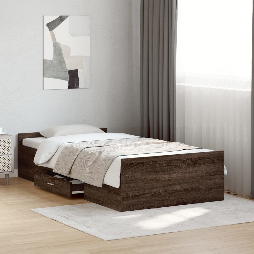 Bedframe met lades bewerkt hout bruin eikenkleur 75x190 cm is nu te koop bij PeponiXL, paradijselijk wonen!