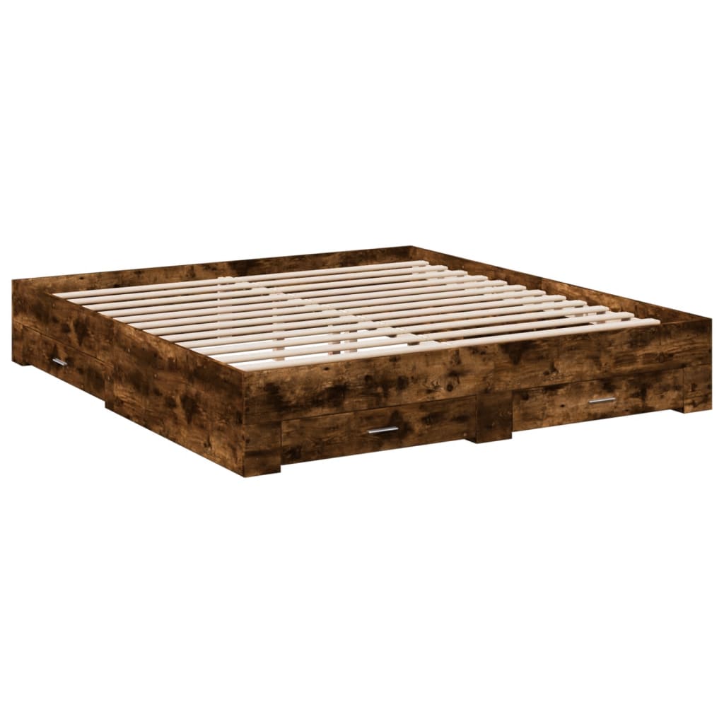 Bedframe met lades bewerkt hout gerookt eikenkleurig 200x200 cm is nu te koop bij PeponiXL, paradijselijk wonen!