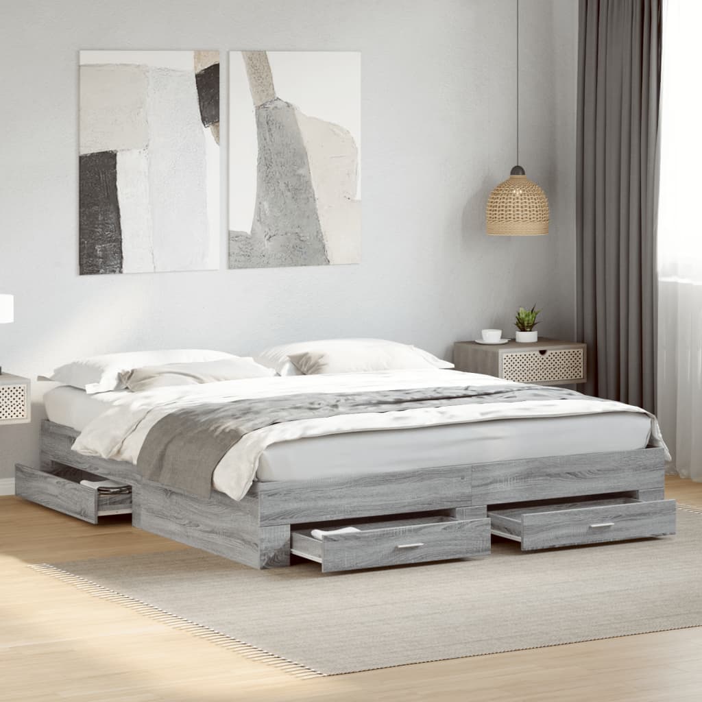Bedframe met lades bewerkt hout grijs sonoma eiken 200x200 cm is nu te koop bij PeponiXL, paradijselijk wonen!