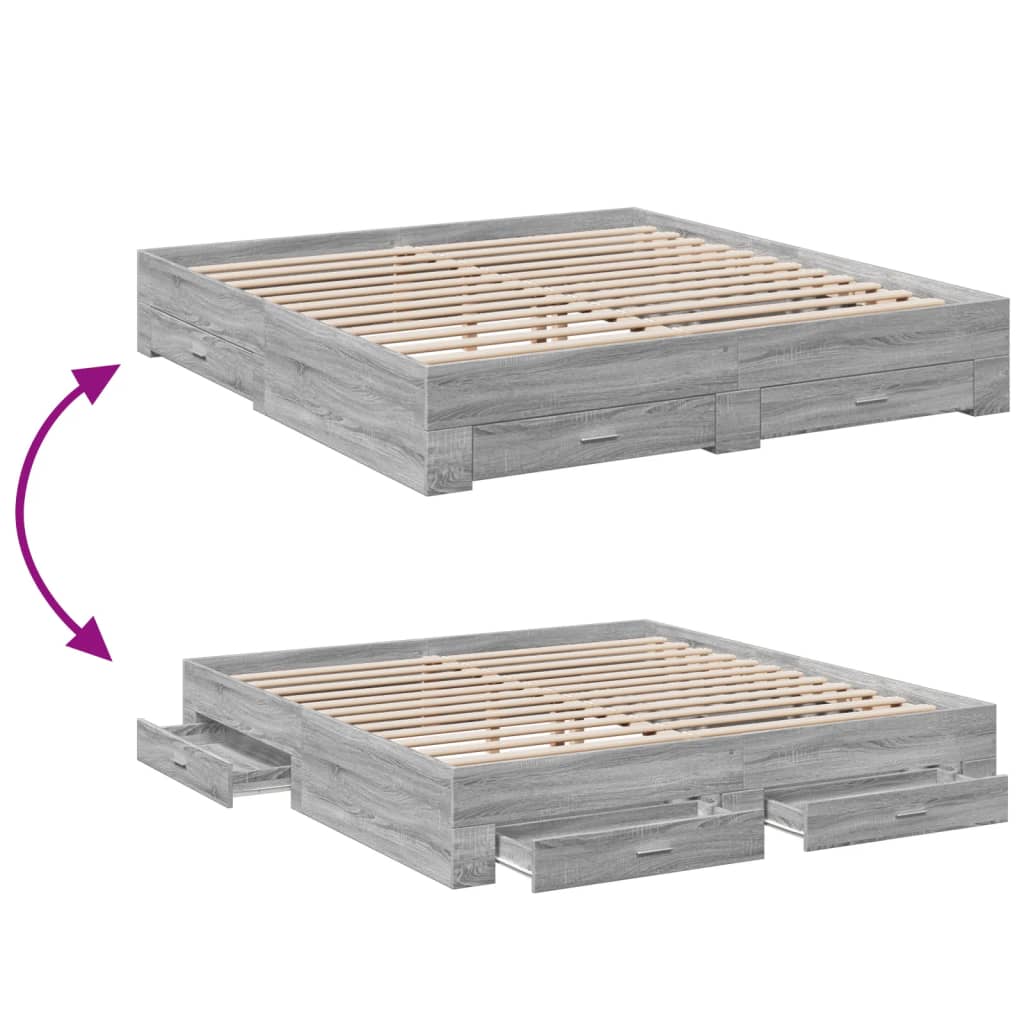 Bedframe met lades bewerkt hout grijs sonoma eiken 200x200 cm is nu te koop bij PeponiXL, paradijselijk wonen!