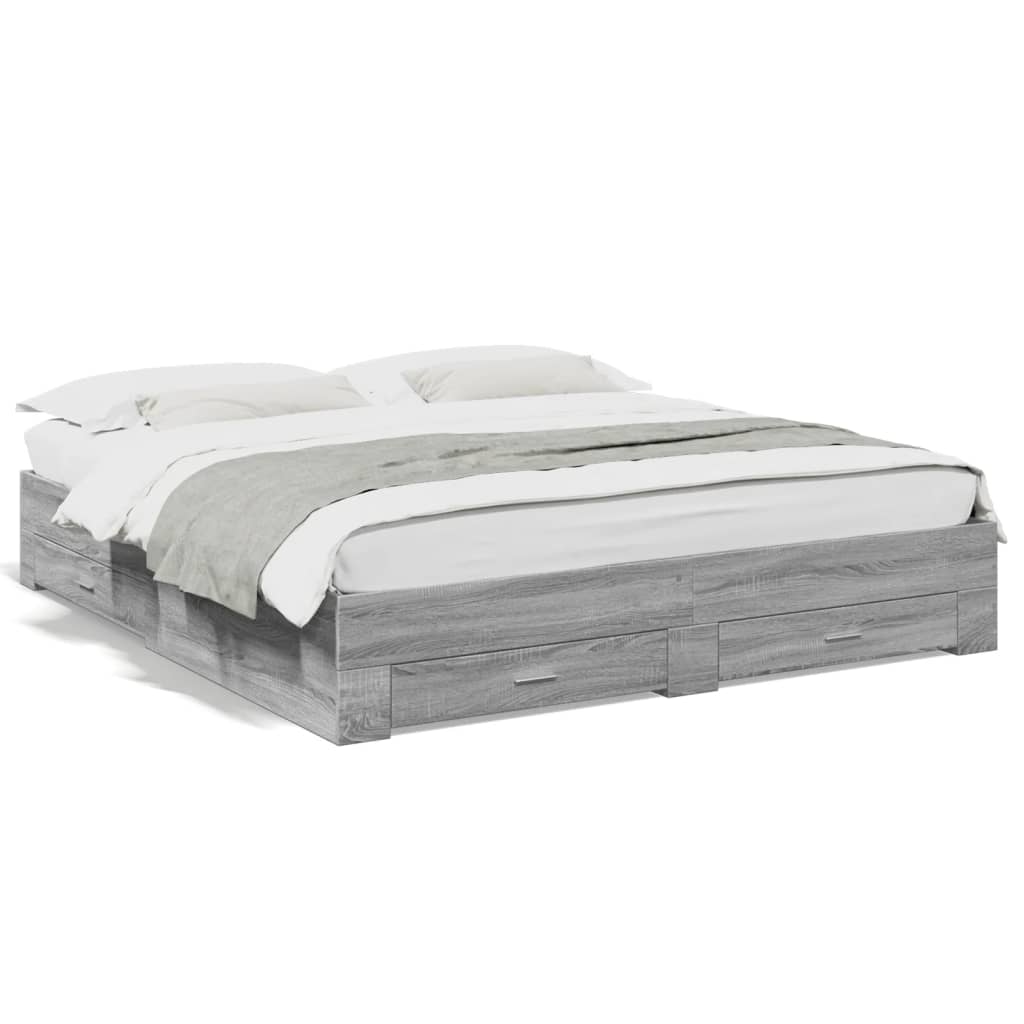 Bedframe met lades bewerkt hout grijs sonoma eiken 200x200 cm is nu te koop bij PeponiXL, paradijselijk wonen!