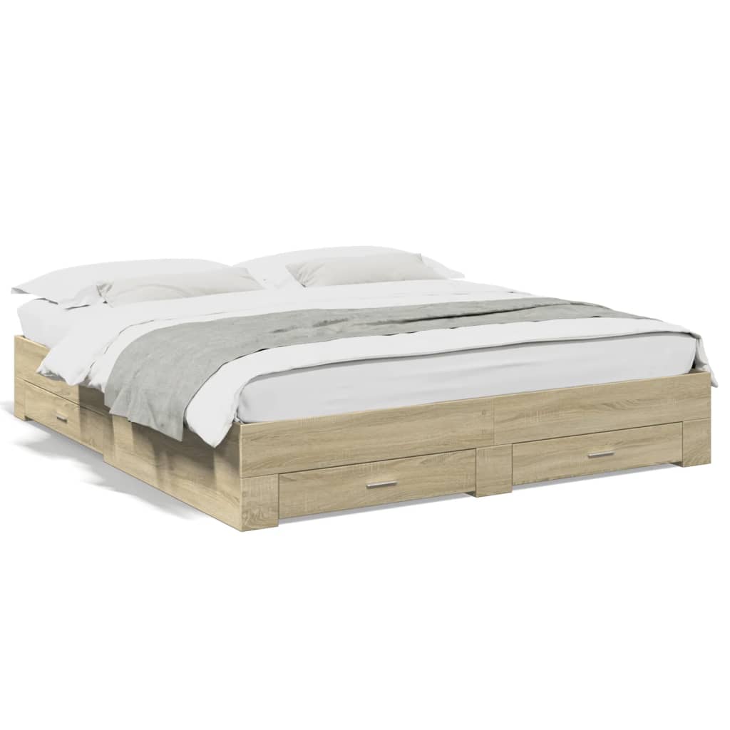 Bedframe met lades bewerkt hout sonoma eikenkleurig 180x200 cm is nu te koop bij PeponiXL, paradijselijk wonen!