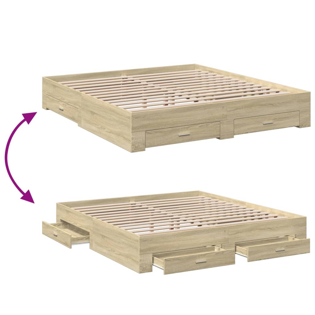 Bedframe met lades bewerkt hout sonoma eikenkleurig 180x200 cm is nu te koop bij PeponiXL, paradijselijk wonen!