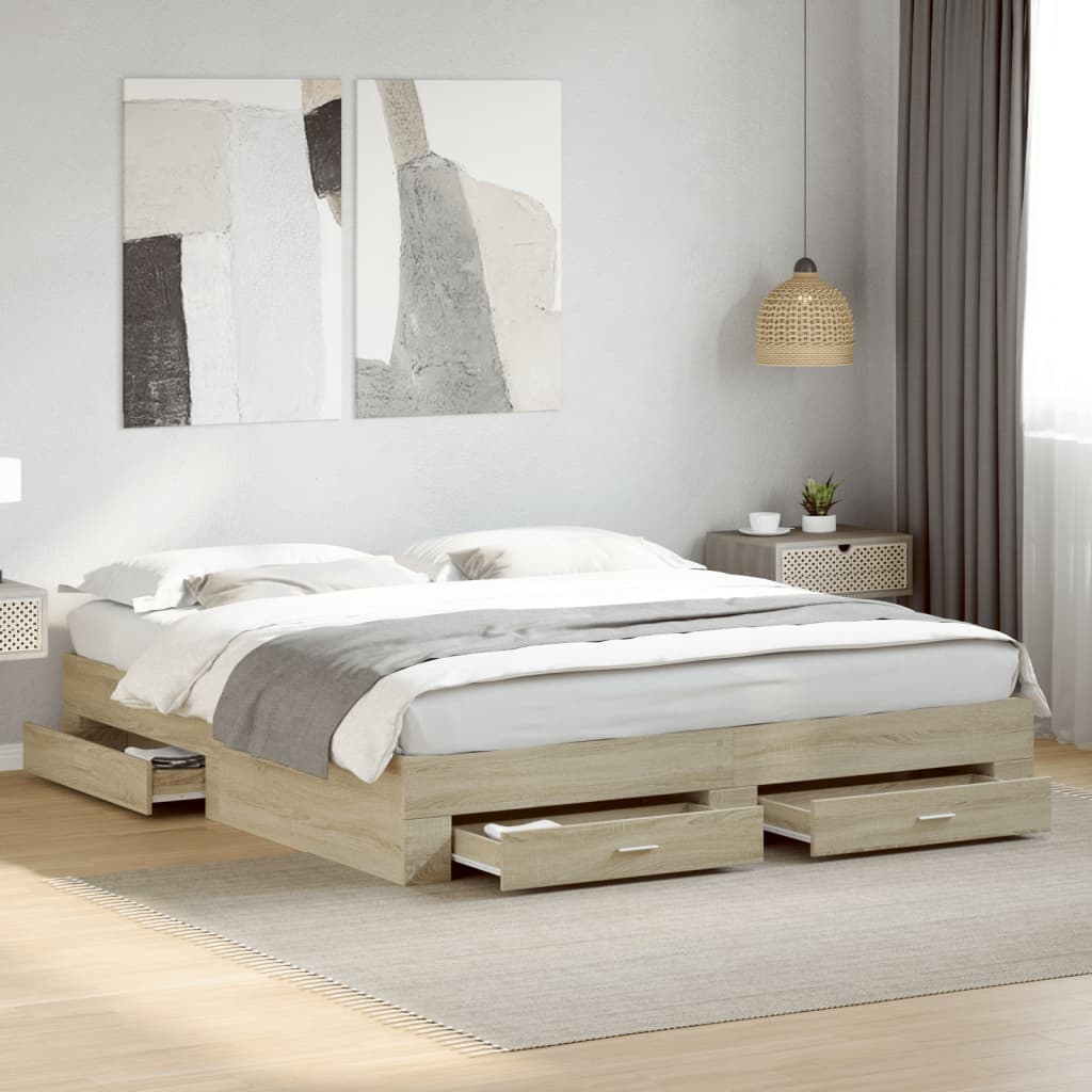 Bedframe met lades bewerkt hout sonoma eikenkleurig 180x200 cm is nu te koop bij PeponiXL, paradijselijk wonen!