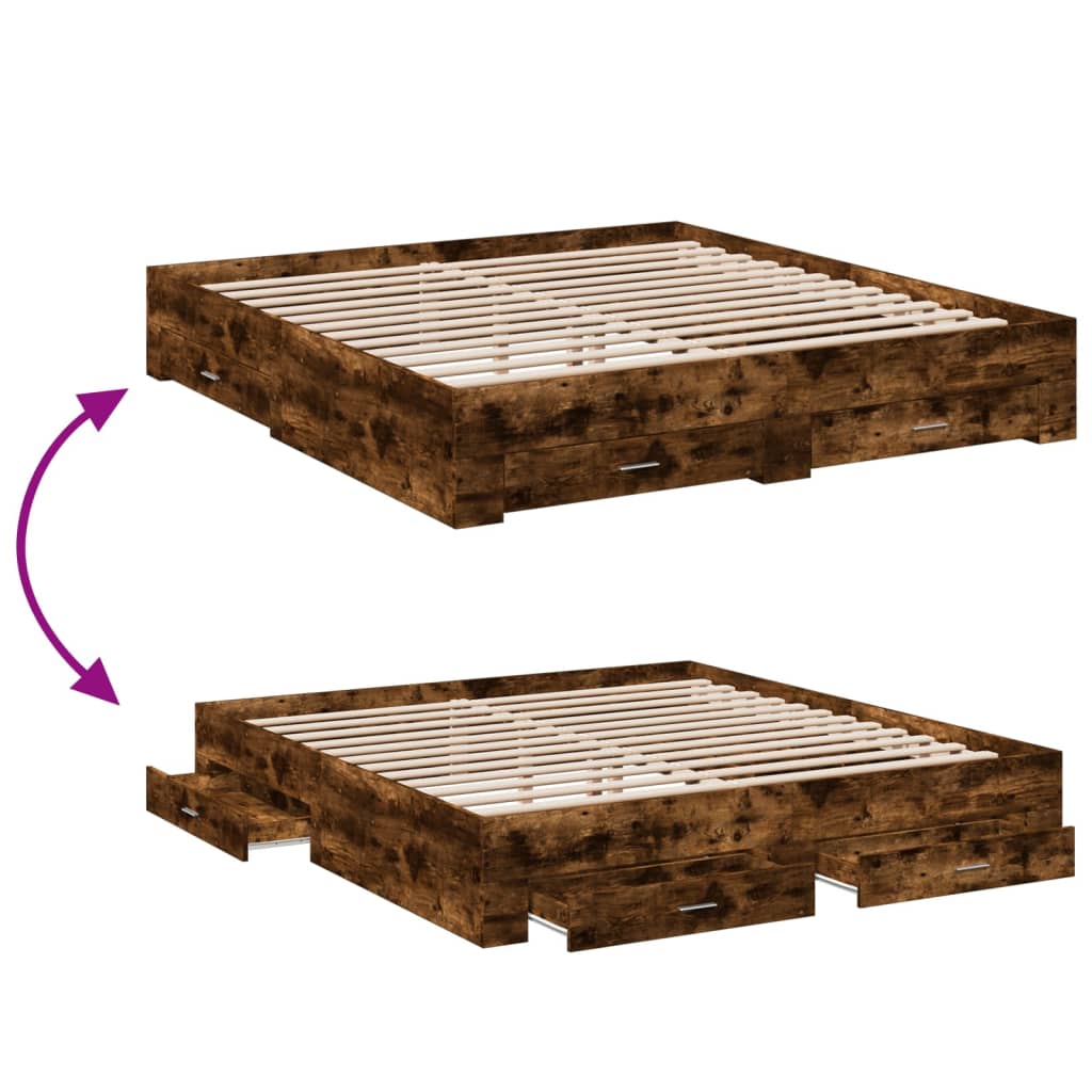 Bedframe met lades bewerkt hout gerookt eikenkleurig 180x200 cm is nu te koop bij PeponiXL, paradijselijk wonen!