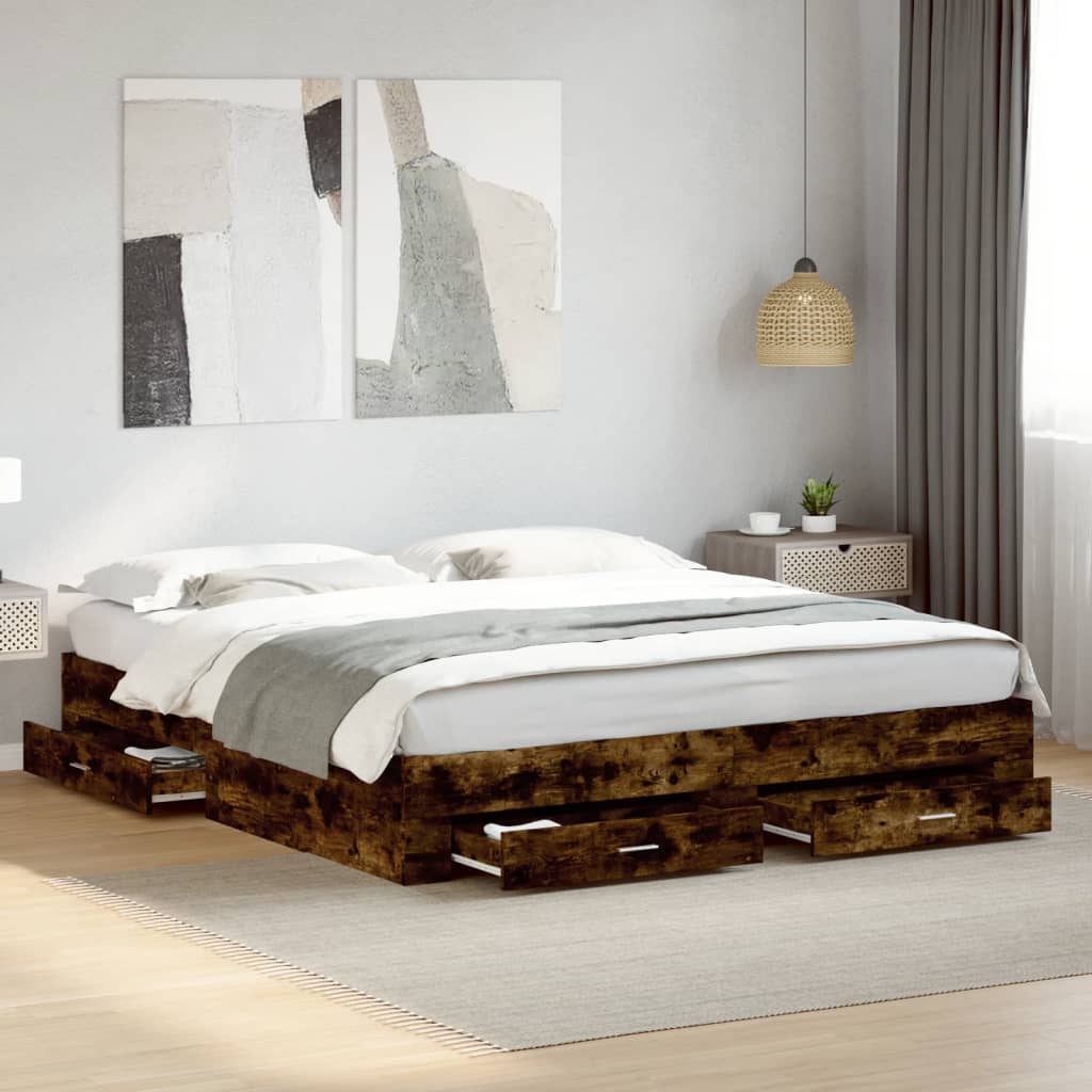 Bedframe met lades bewerkt hout gerookt eikenkleurig 180x200 cm is nu te koop bij PeponiXL, paradijselijk wonen!