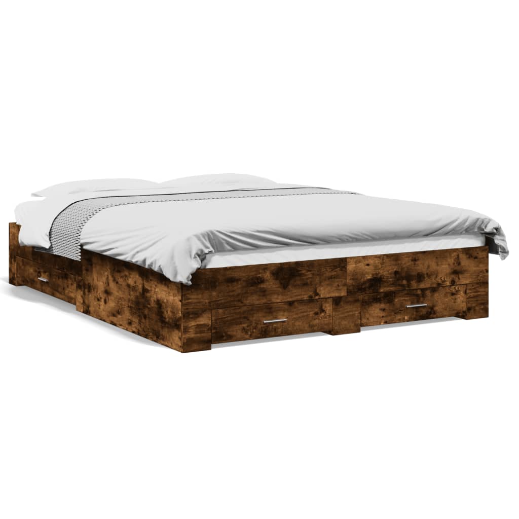 Bedframe met lades bewerkt hout gerookt eikenkleurig 160x200 cm is nu te koop bij PeponiXL, paradijselijk wonen!