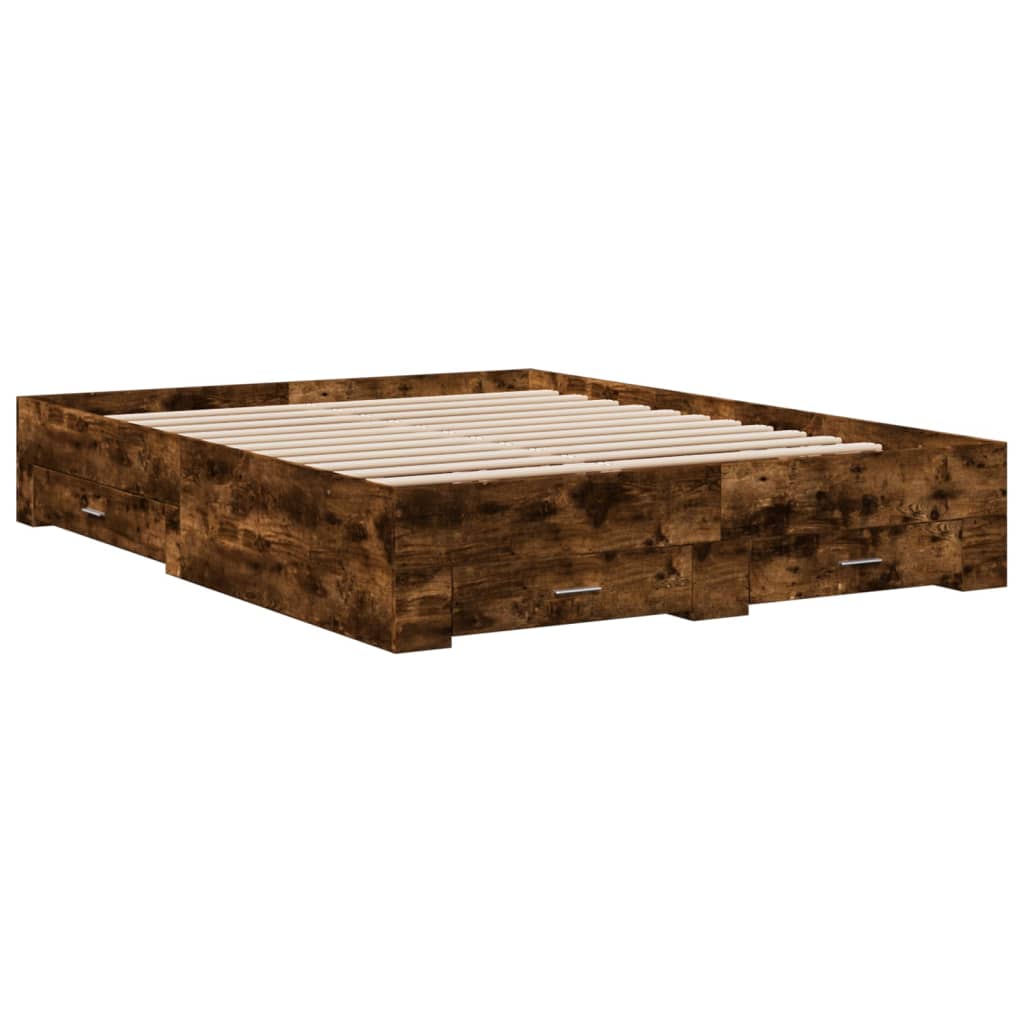 Bedframe met lades bewerkt hout gerookt eikenkleurig 160x200 cm is nu te koop bij PeponiXL, paradijselijk wonen!