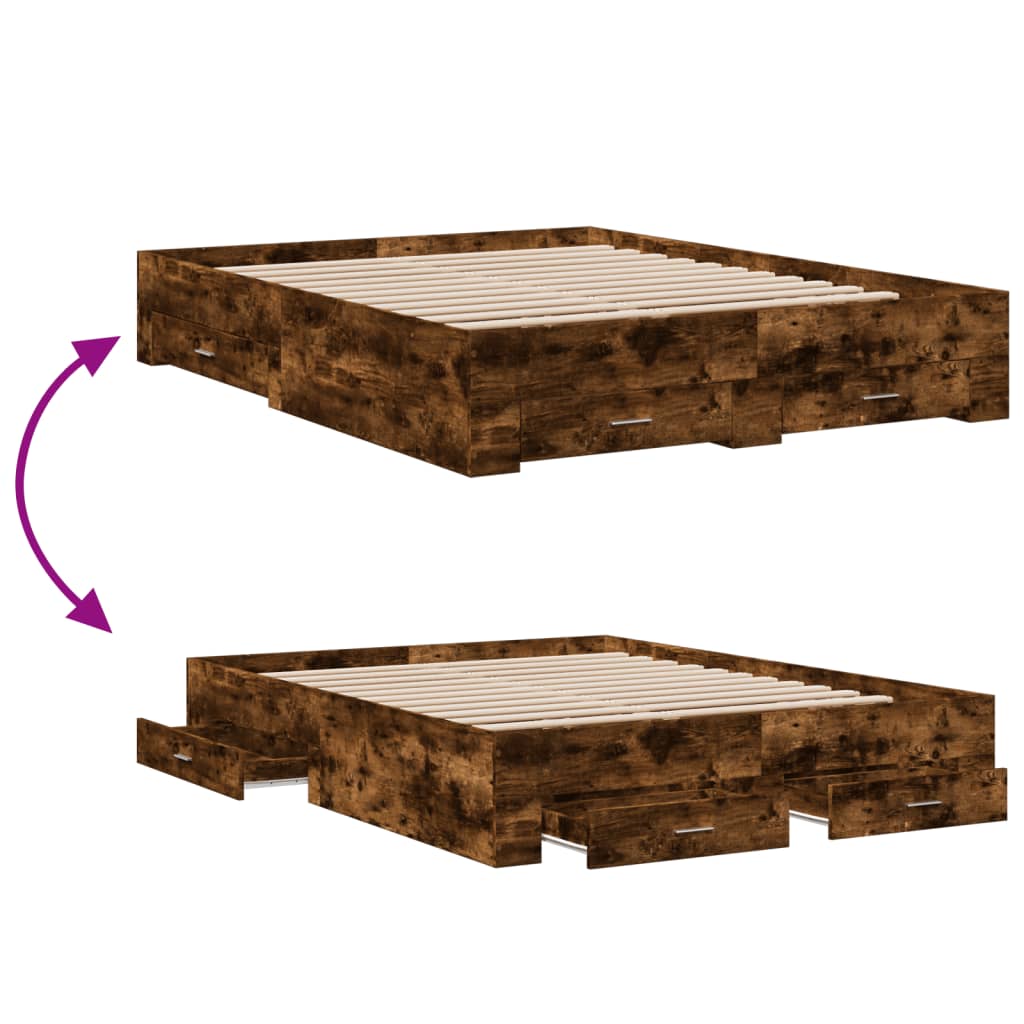 Bedframe met lades bewerkt hout gerookt eikenkleurig 160x200 cm is nu te koop bij PeponiXL, paradijselijk wonen!