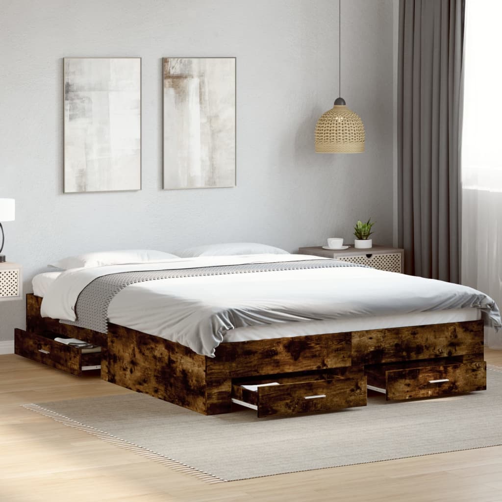 Bedframe met lades bewerkt hout gerookt eikenkleurig 160x200 cm is nu te koop bij PeponiXL, paradijselijk wonen!