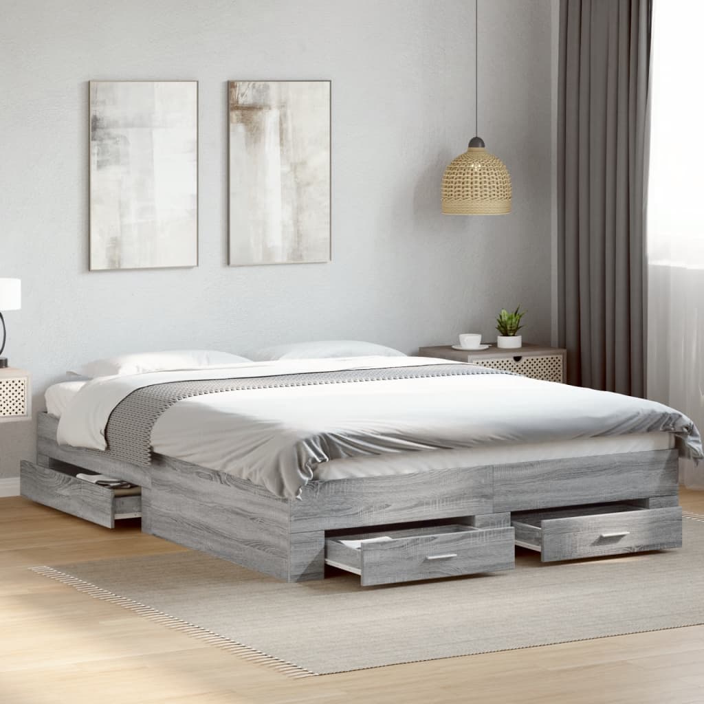 Bedframe met lades bewerkt hout grijs sonoma eiken 160x200 cm is nu te koop bij PeponiXL, paradijselijk wonen!