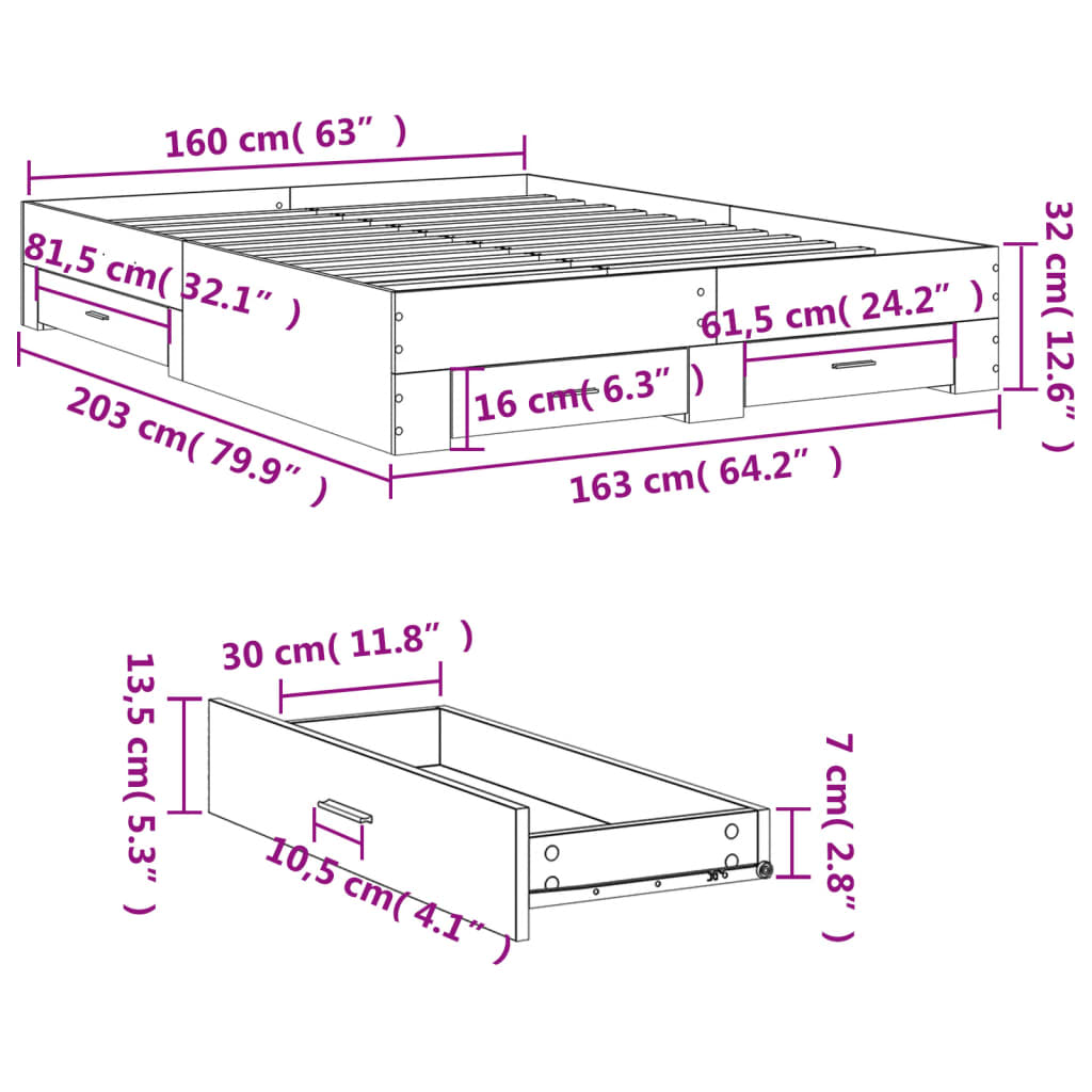 Bedframe met lades bewerkt hout grijs sonoma eiken 160x200 cm is nu te koop bij PeponiXL, paradijselijk wonen!